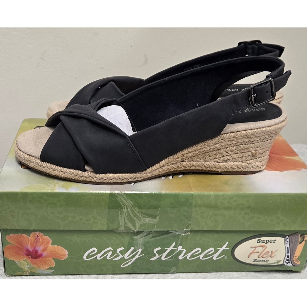 Easy Street Maureen Navy Espadrille Wedge Sandals Super Flex Zone 10M 30-1250